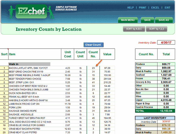 Sample Restaurant Inventory Software "by Location" Count Sheet with Count Numbers and Extended Price. Also includes Summary totals by Category