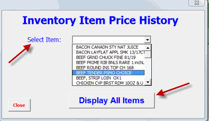 Restaurant Inventory Item Price History screen of EZchef Software