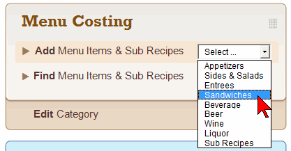 Add a new Restaurant Menu Costing template by selecting the Menu Category from the drop down list