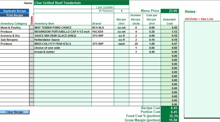 Menu Costing Template. Sample Restaurant Menu Costing template