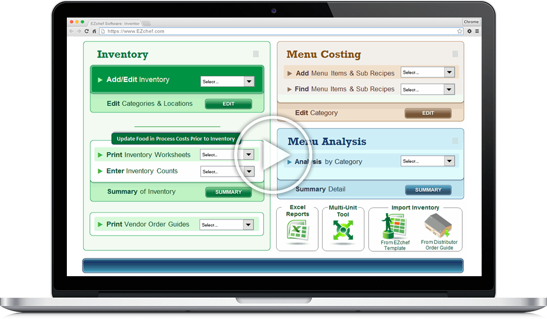 Screenshot of EZchef Restaurant Software for Inventory, Menu Costing and Menu Analysis