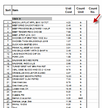 Example of a Printed Restaurant Inventory Software Count Sheet by item Location. Includes shelf-to-sheet numbering