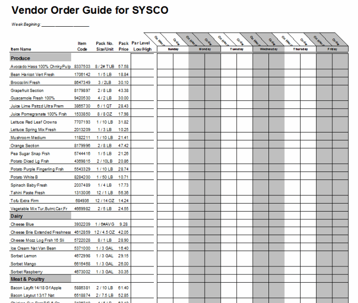 Restaurant Vendor Order Guide worksheet for optimal Inventory Management