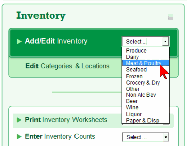 Select the Food or Beverage Inventory Management Category from the Drop Down List