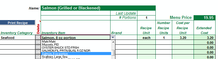 Menu Costing Template. Select the Menu Item's inventory item from the drop down list
